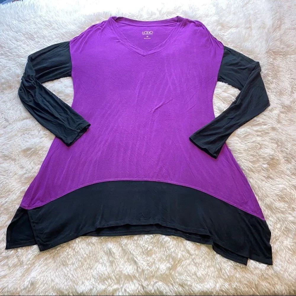 LOGO Lori Goldstein Purple/Black Long Sleeve Top Size Medium